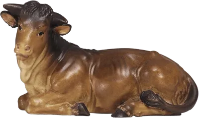 Hand-carved wooden ox lying down, brown with detailed painting