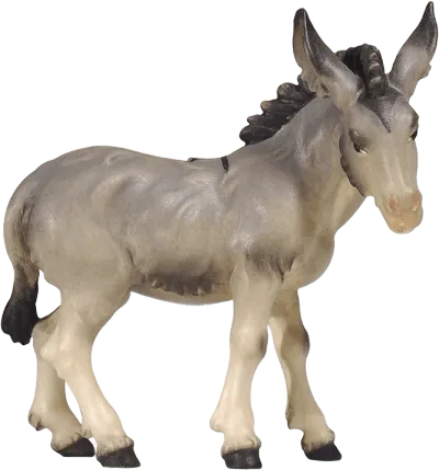 Hand-carved and hand-painted wooden donkey nativity figure in grey and black tones