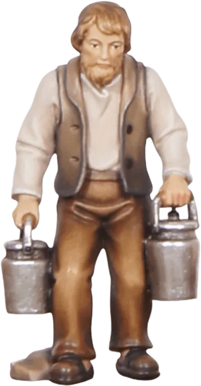 Hand-carved wooden shepherd figure holding two metal milk cans, painted in natural tones