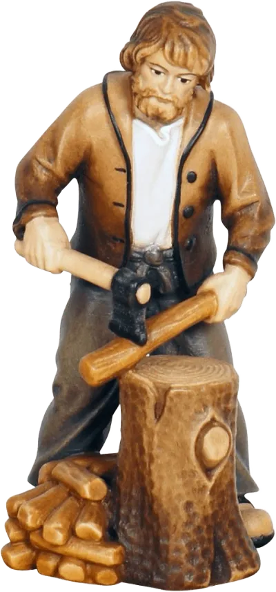 Hand-carved wooden Woodcutter figure chopping wood with axe and stump, painted in natural tones