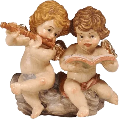 Pair of hand-carved wooden angels, one playing flute, one reading book, hand-painted with golden wings