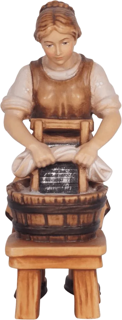 Hand-carved and hand-painted wooden Laundress figure kneeling at washboard and tub in brown and white clothing