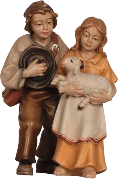 Hand-carved wooden Pair of Children figure, boy holding hat and girl holding lamb, painted in natural colors