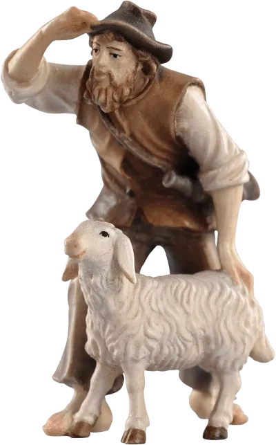 Hand-carved wooden shepherd figure in brown clothing with a sheep, hand-painted natural colors